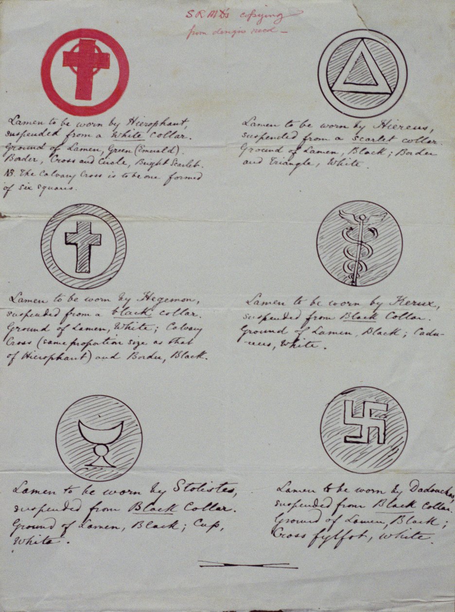 Diseños para lamens (joyas de collar) para los diversos oficiales de un Templo del Amanecer Dorado, 1888 de Samuel Liddell MacGregor Mathers