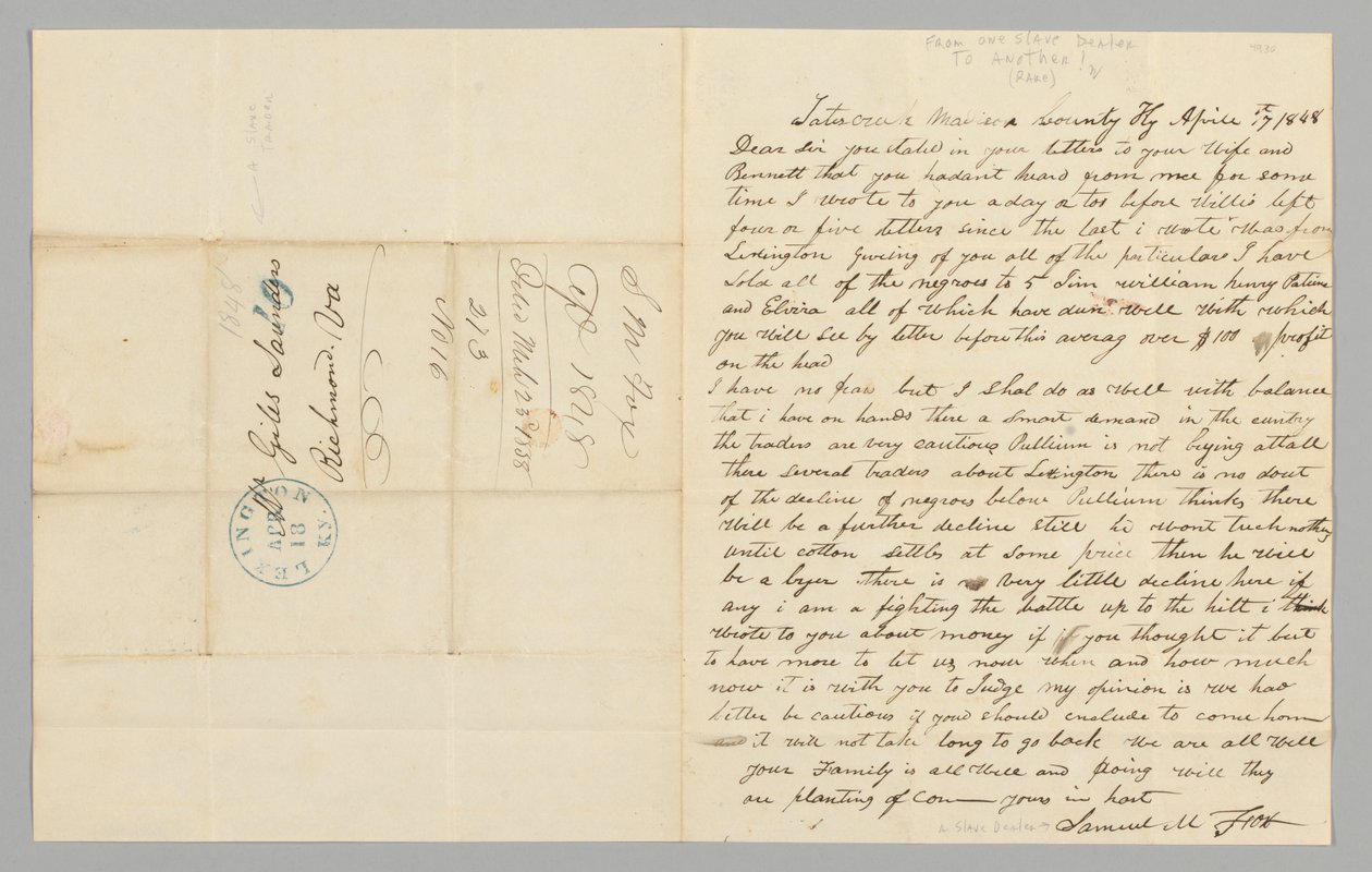 Carta a Giles Saunders de Samuel M. Fox sobre el comercio de esclavos, 17 de abril de 1848 de Samuel M. Fox