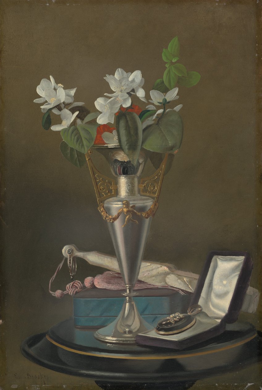 Naturaleza muerta con abanico y colgante de Samuel Marsden Brookes