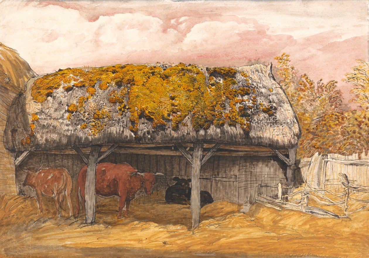 Un refugio para vacas con tejado musgoso de Samuel Palmer