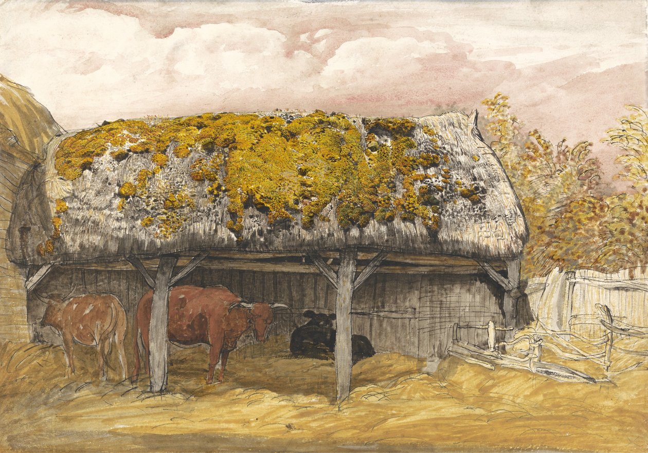 Un establo de vacas con un techo musgoso, c.1829 de Samuel Palmer