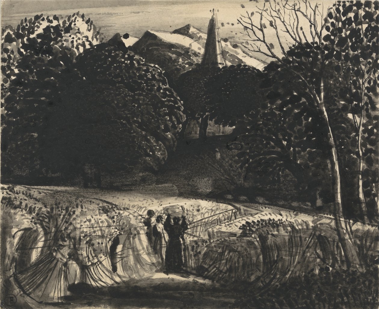 Campo de maíz e iglesia a la luz de la luna de Samuel Palmer