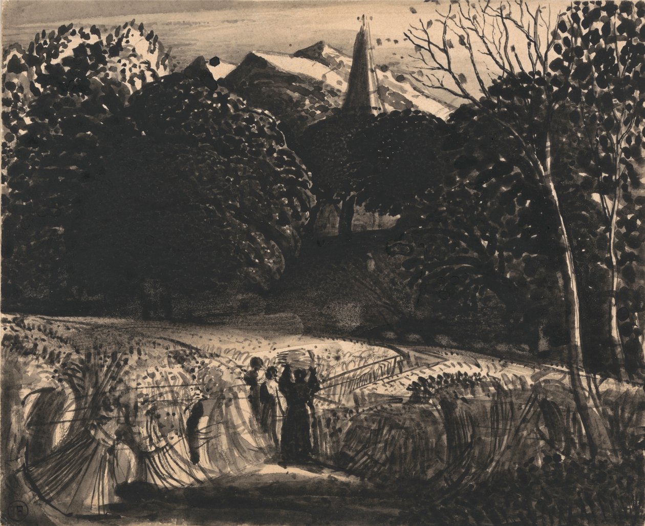 Maizal e iglesia a la luz de la luna de Samuel Palmer