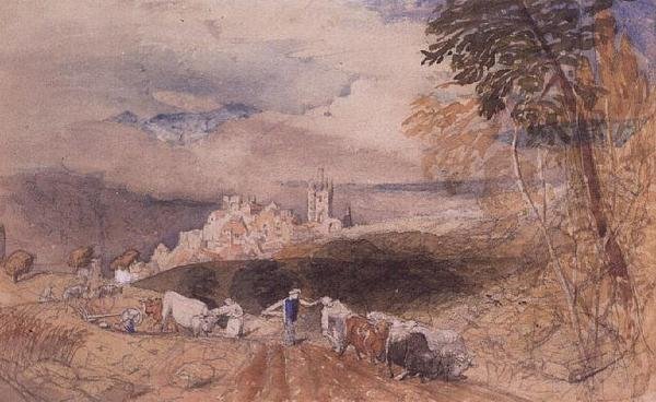 Paisaje montañoso con agricultores arando de Samuel Palmer