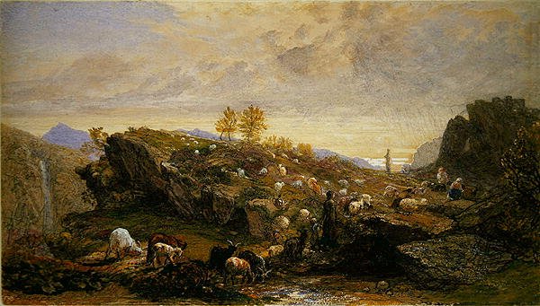 Campesinos con ovejas y cabras en un paisaje rocoso de Samuel Palmer