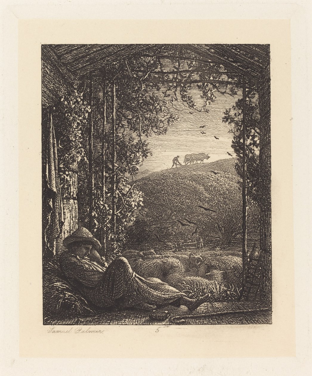 El pastor durmiente; temprano en la mañana de Samuel Palmer