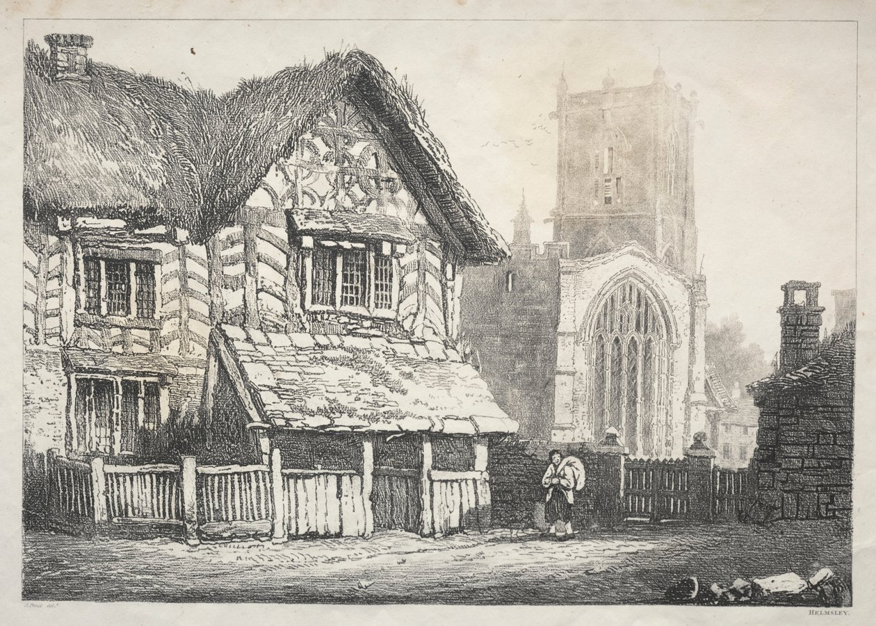 Una serie de edificios antiguos y cabañas rurales en el norte de Inglaterra: Helmsley, 1821 de Samuel Prout
