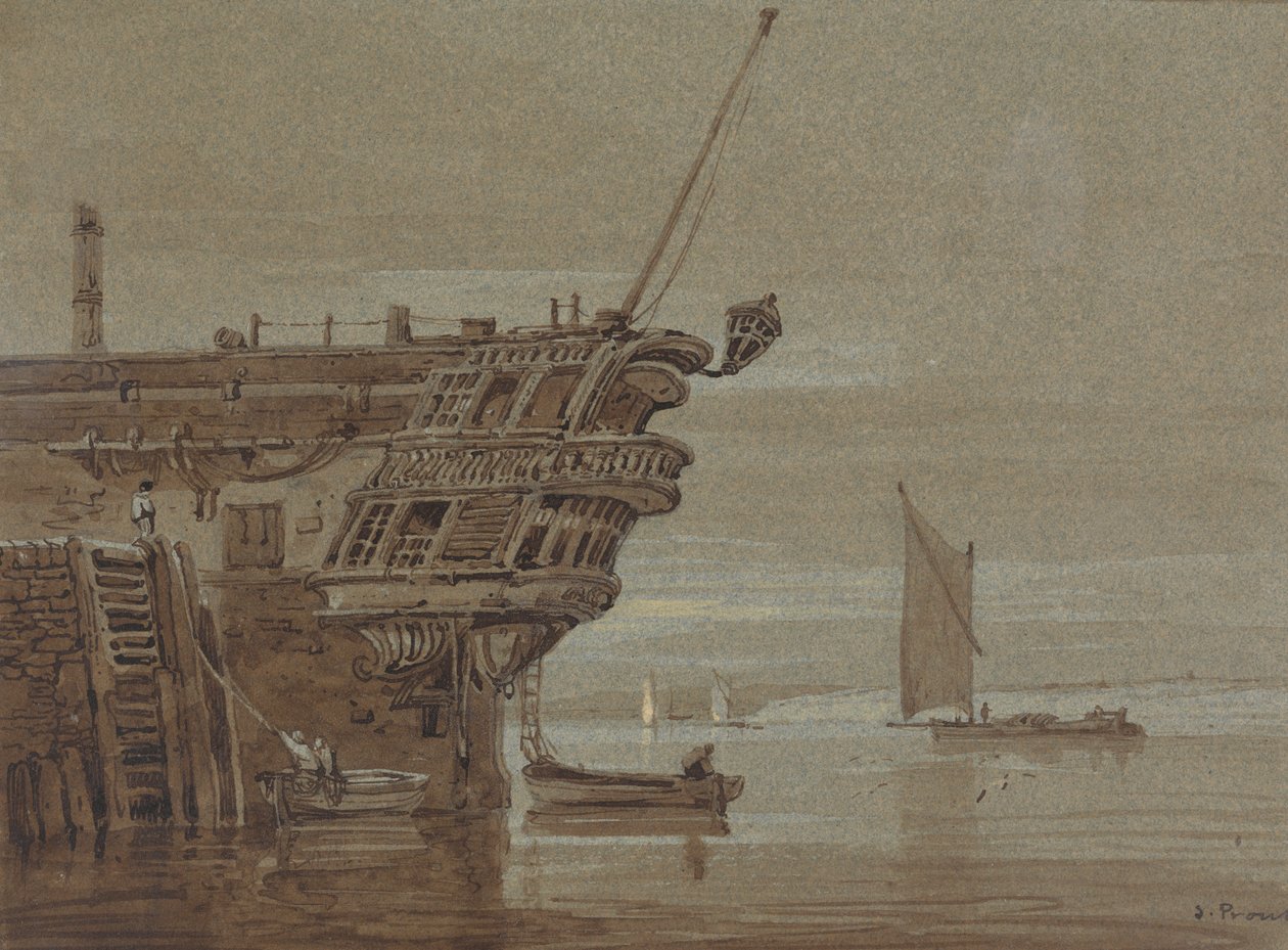 Un East Indiaman amarrado, pequeñas embarcaciones junto a él, otras embarcaciones más alejadas de Samuel Prout