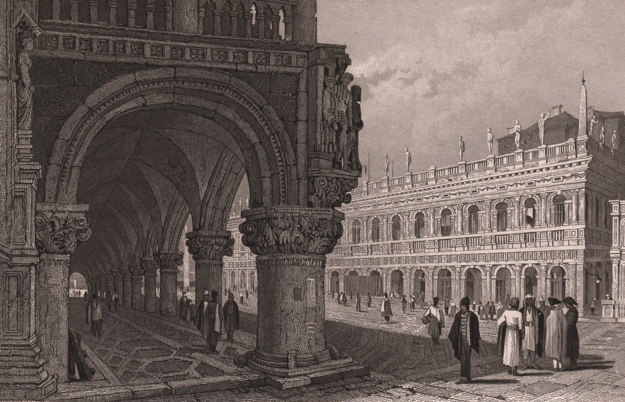 Escorzo de la arcada del Palacio Ducal con vista de la Plaza de San Marcos y del Palacio de la Biblioteca, Venecia, Véneto, Italia, grabado en acero según dibujo de Samuel Prout (1783-1852), 15x11,5 cm aproximadamente. de Samuel Prout