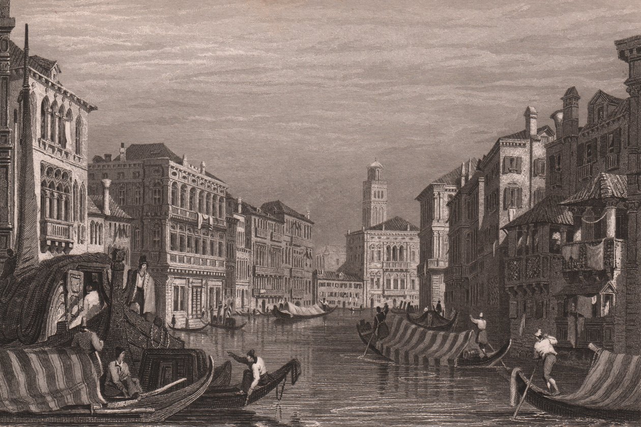 Góndolas en el Gran Canal (Canal Grande), Venecia, Véneto, Italia, grabado en acero según dibujo de Samuel Prout (1783-1852), 15x11,5 cm aprox. de Samuel Prout