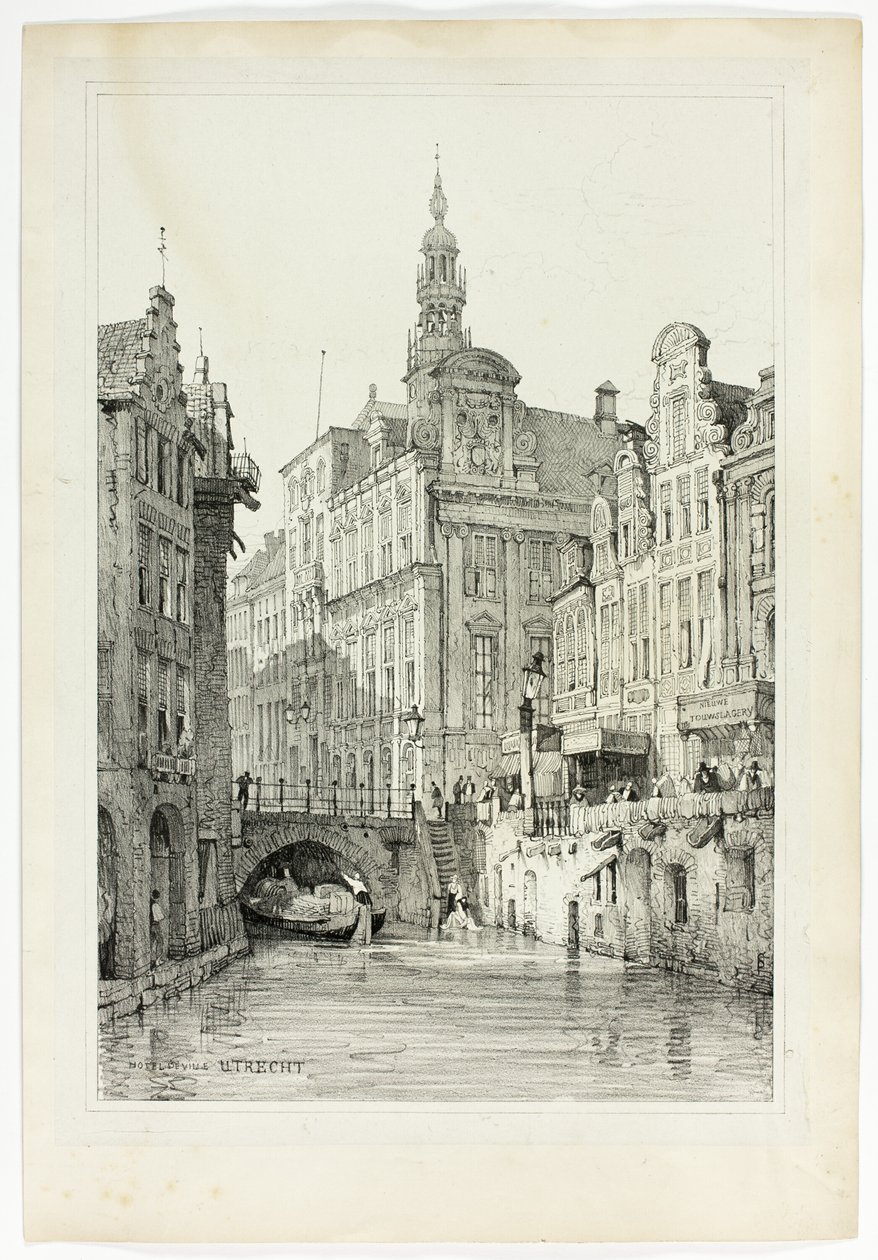 Hotel de Ville, Utrecht, a partir de facsímiles de bocetos realizados en Flandes y Alemania de Samuel Prout