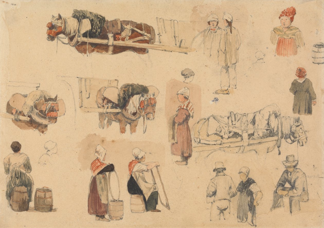 Bocetos de campesinos y caballos de trabajo de Samuel Prout