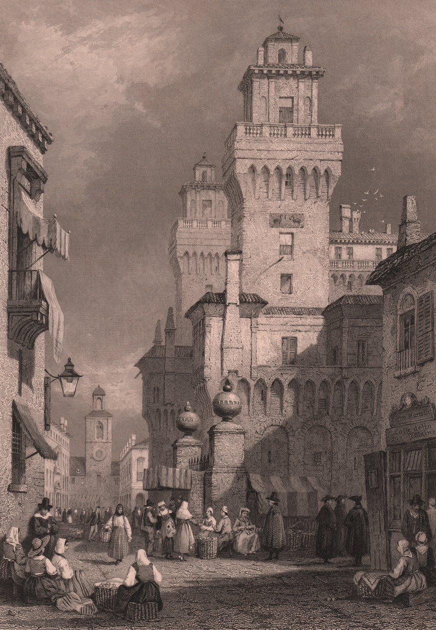 Vista del Castello Estense, Ferrara, Emilia-Romaña, Italia, grabado en acero de John Godfrey (hacia 1817-1889) sobre dibujo de Samuel Prout (1783-1852), 26x17 cm, publicado por Blackie and Son. de Samuel Prout