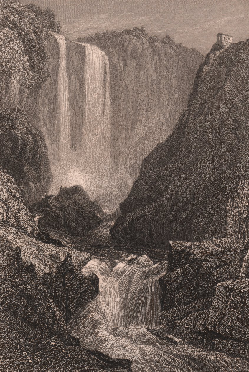 Vista de la Cascada de las Marmore (Cascata delle Marmore) cerca de Terni, Umbría, Italia, grabado en acero según dibujo de Samuel Prout (1783-1852), 15x11,5 cm aprox. de Samuel Prout