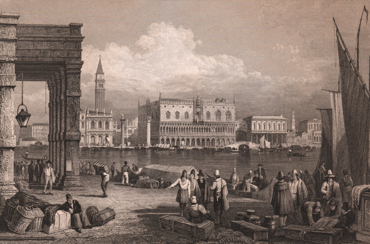 Vista de la cuenca de San Marcos en Venecia, Véneto, Italia, grabado en acero según dibujo de Samuel Prout (1783-1852), 15x11,5 cm aproximadamente. de Samuel Prout