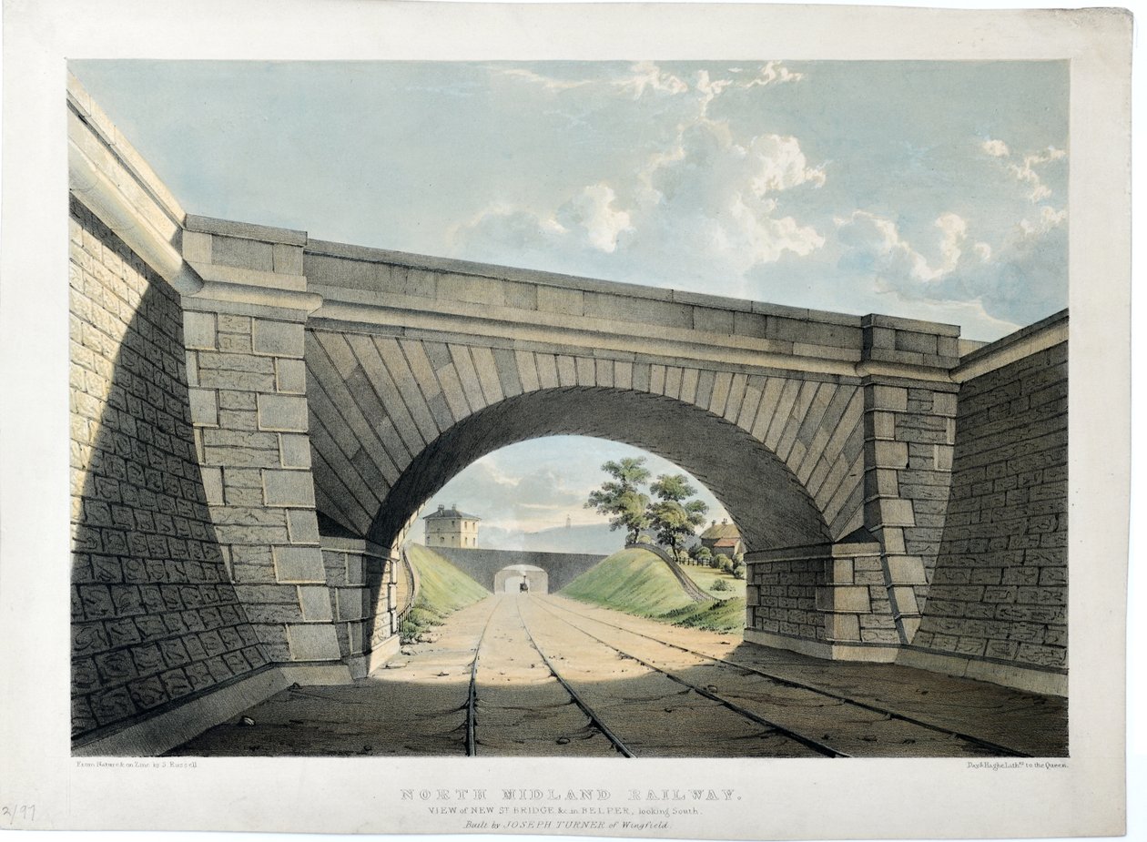 Ferrocarril North Midland. View of New Street Bridge etc in Belper, looking South, c.1840 (litografía coloreada a mano sobre papel) de Samuel Russell