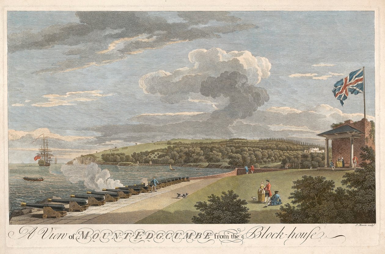 Vista del Monte Edgcumbe desde la Casa de Bloqueo, pub. 1755 de Samuel Scott