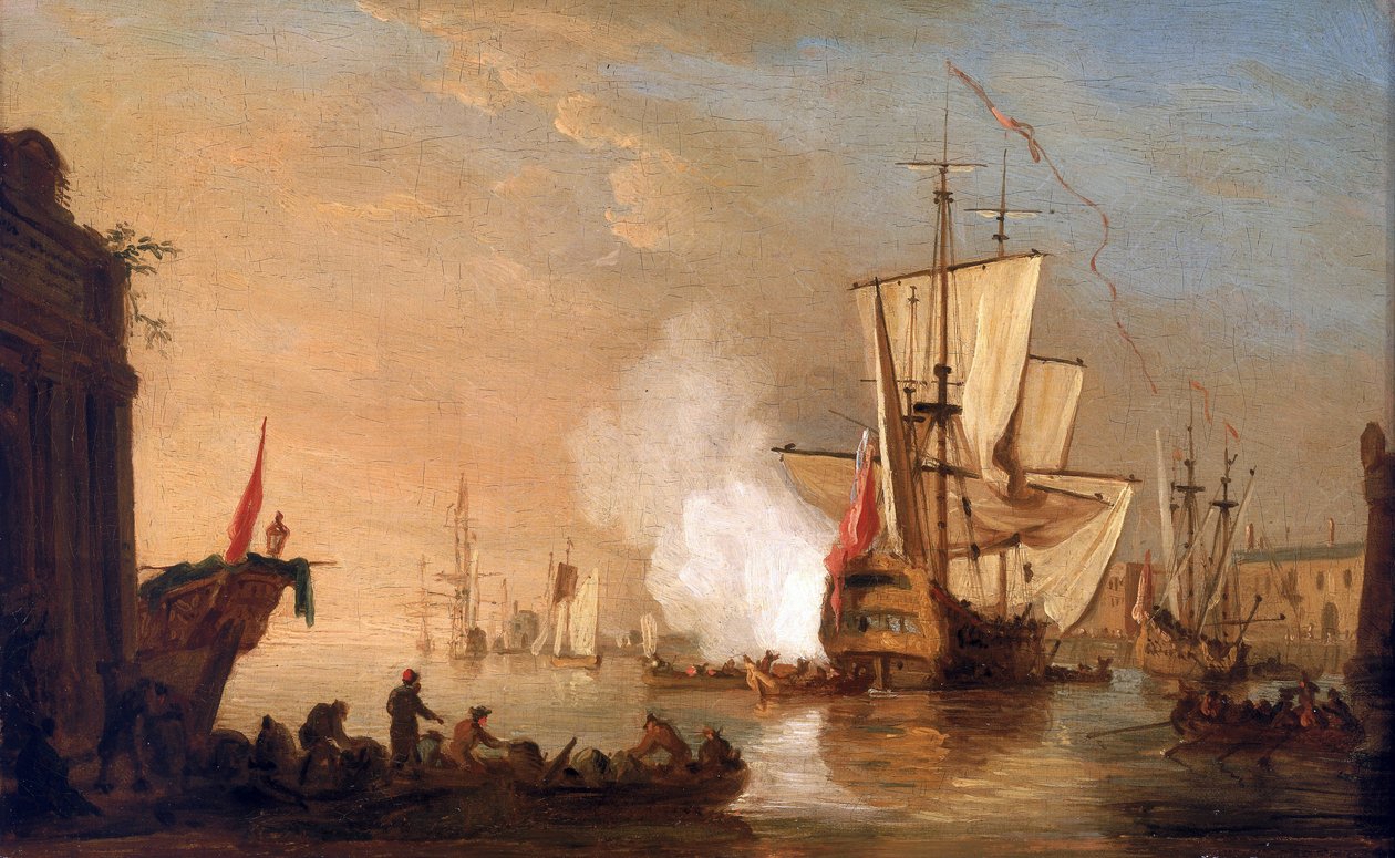 Buque de guerra británico disparando el cañón para saludar, a su llegada a puerto, cuyos edificios evocan un puerto del mar Mediterráneo. Óleo sobre lienzo, hacia 1765, de Samuel Scott (1702-1772). de Samuel Scott