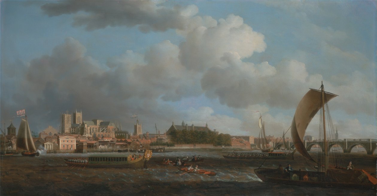 Westminster desde Lambeth, con la barcaza ceremonial de la Compañía de Ferreteros de Samuel Scott