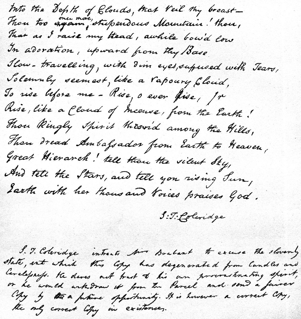 Últimas líneas del poema de Coleridge Himno antes del amanecer en el valle de Chamouny, escrito de puño y letra del poeta y enviado en una carta a la Sra. Brabant de Devizes, 1815 de Samuel Taylor Coleridge