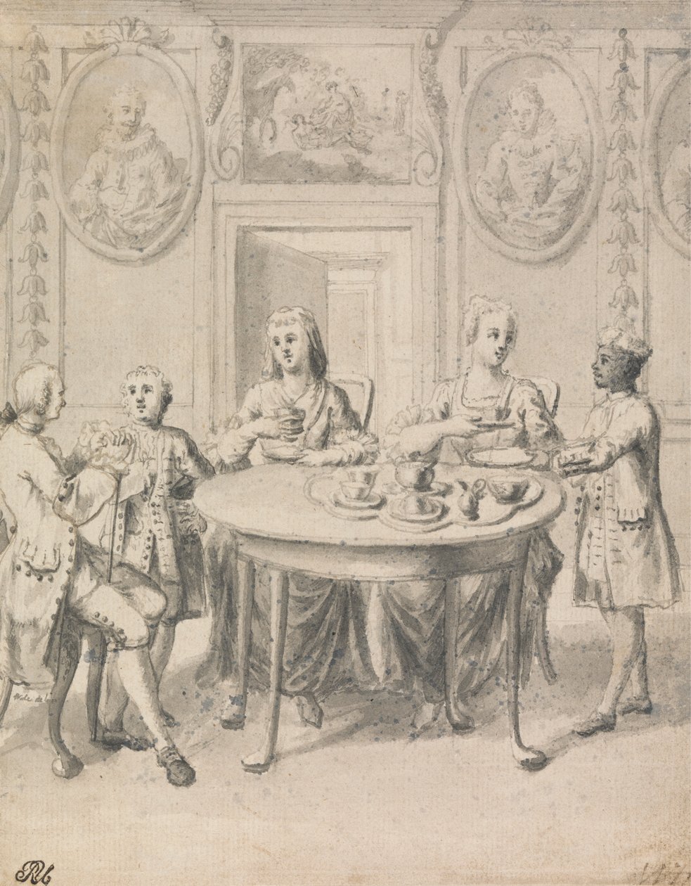 Escena interior con familia tomando el té de Samuel Wale