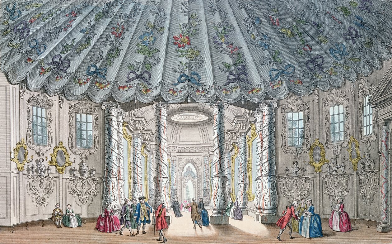 Vista interior de la elegante sala de música en Vauxhall Gardens, grabado por H. Roberts, 1752 de Samuel Wale