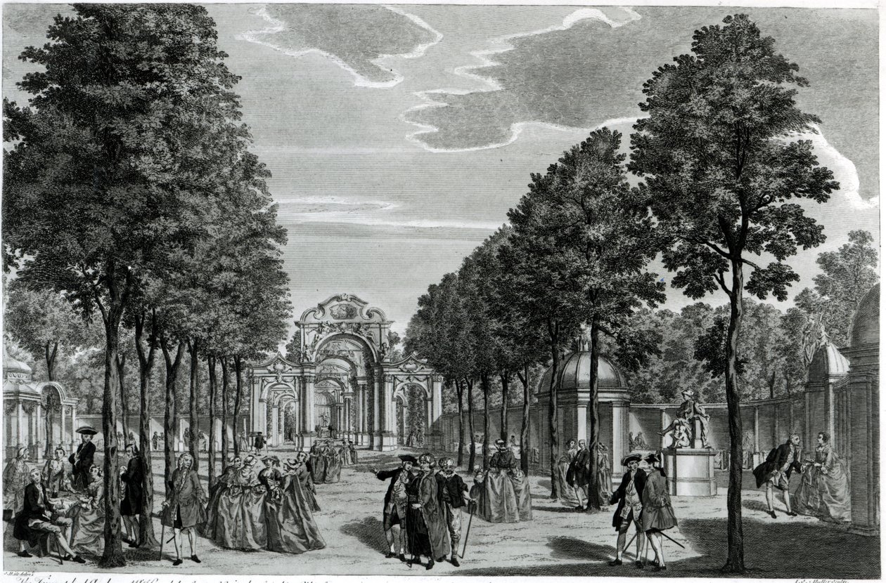 Los arcos triunfales, estatua de Handel en el paseo sur de los jardines de Vauxhall, grabado por John S. Muller de Samuel Wale