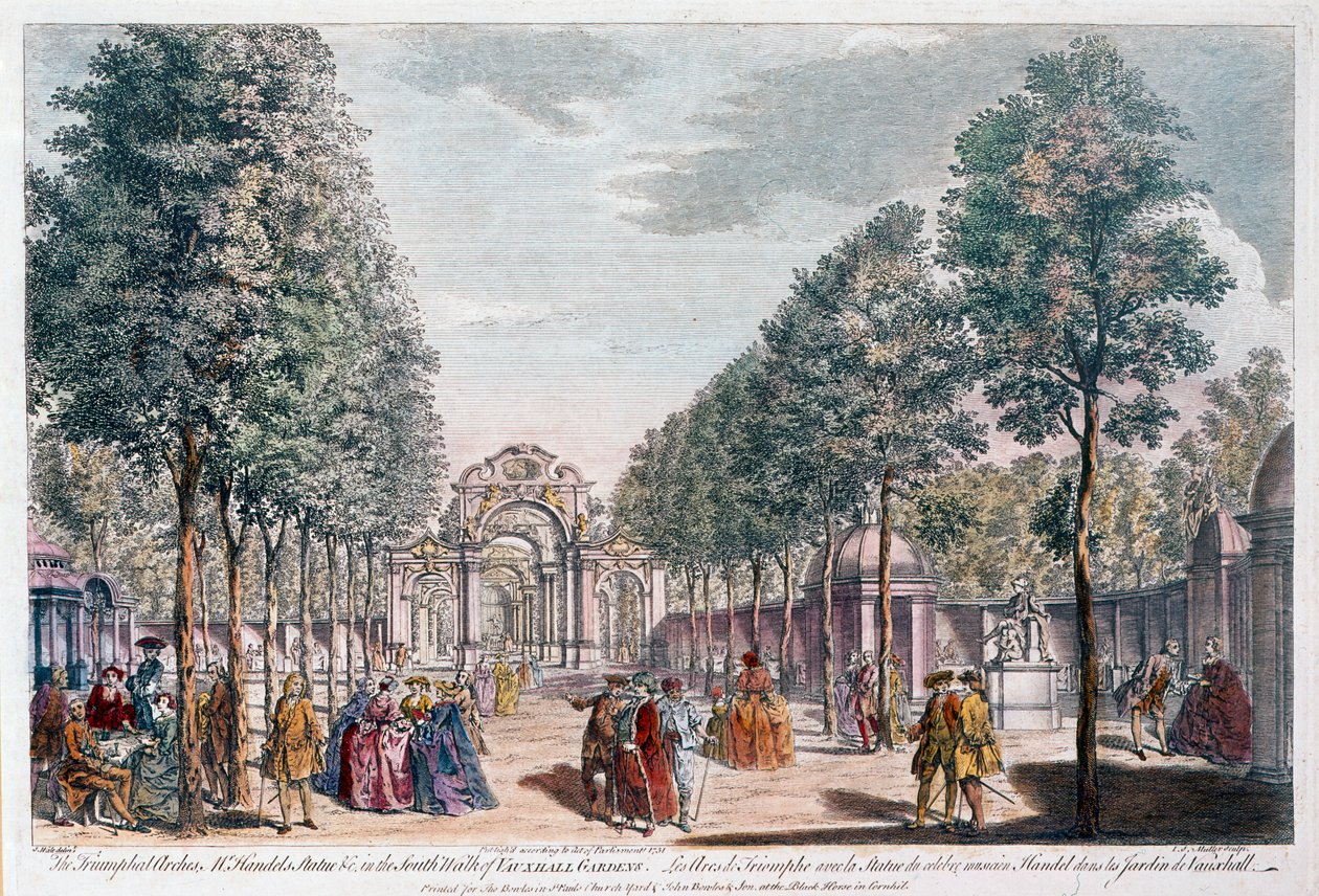 Jardines de Vauxhall, grabado por John Miller alias Johann Sebastian Müller de Samuel Wale