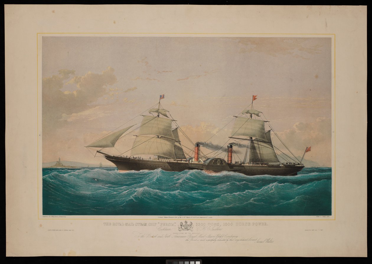 El Barco de Vapor del Correo Real Persia... Capitán C H E Jodkins (Inward Bound, off the Skerries) A la British and North American Royal Mail Steam Packet Company este grabado está respetuosamente dedicado (litografía, coloreada) de Samuel Walters