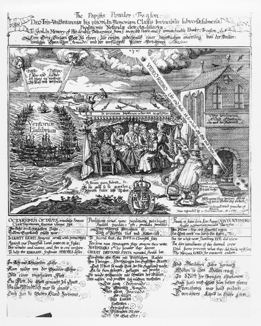 A Dios, en memoria de su doble liberación de la Armada Invencible (1588) y la Inigualable Traición del Polvo (1605), repr. por un Transmariner, 1689 de Samuel Ward