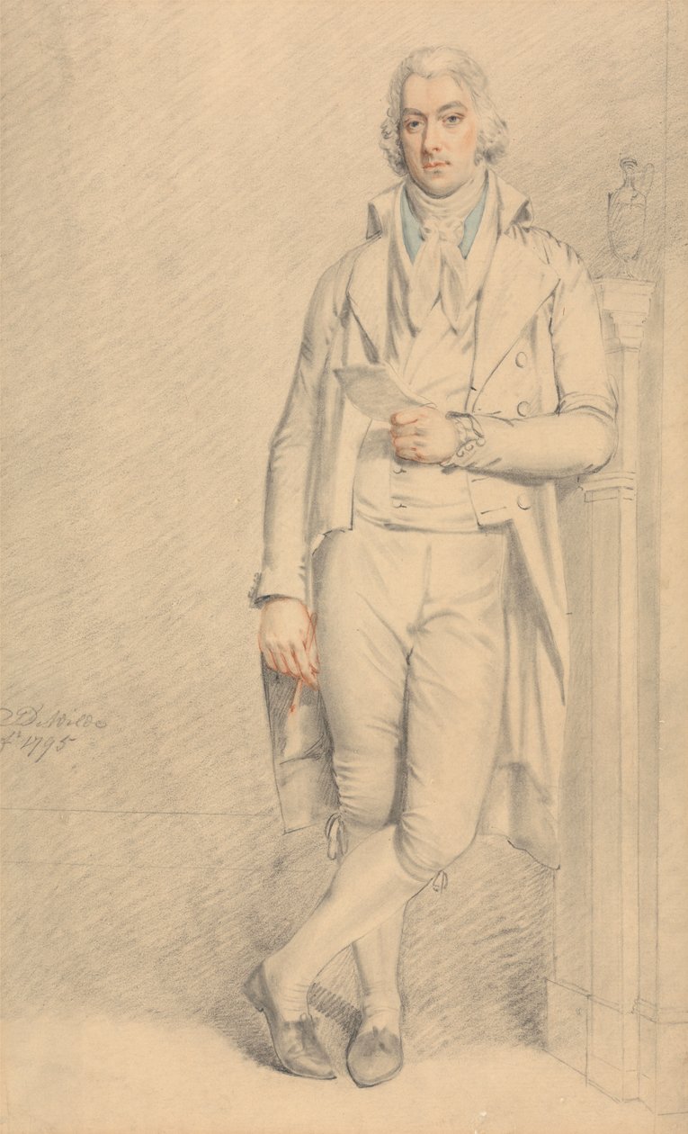 Un caballero, de cuerpo entero, con un papel y un lápiz en la mano de Samuel de Wilde