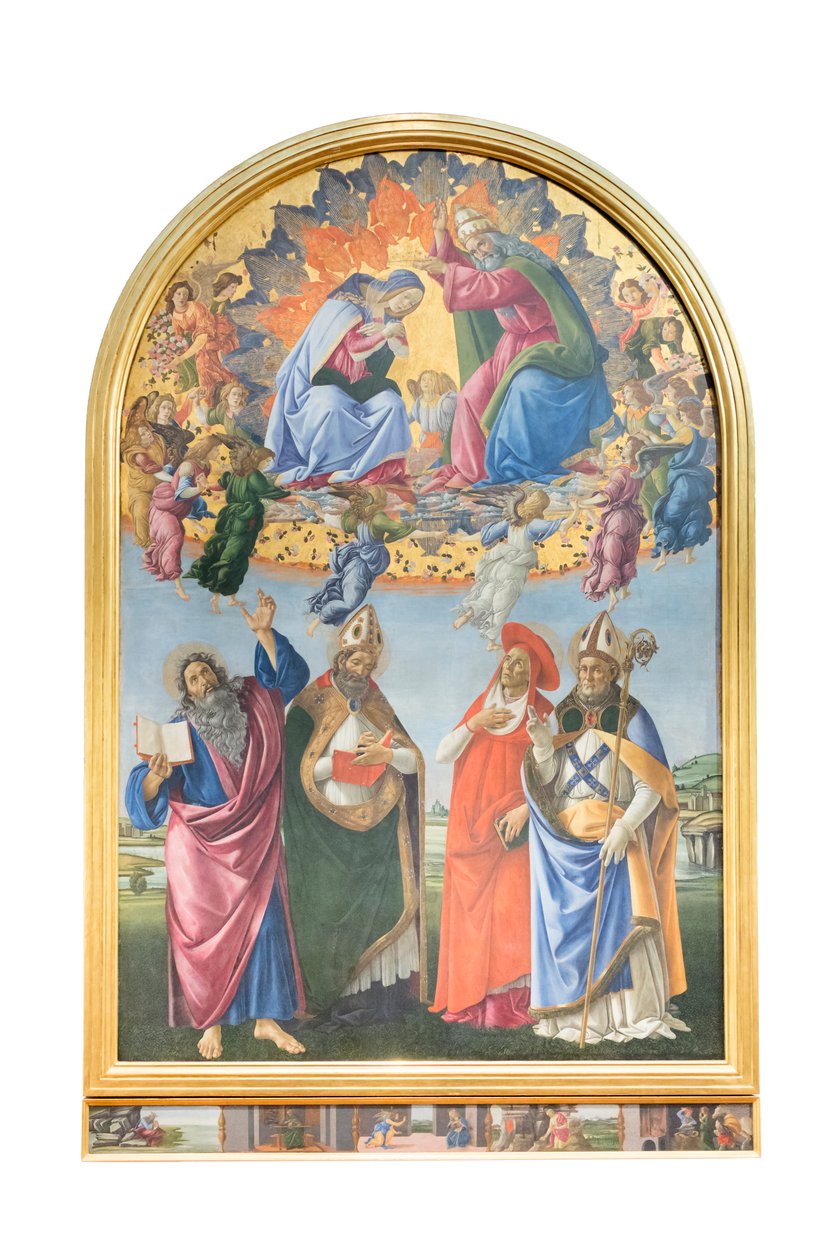 Coronación de la Virgen con ángeles y san Juan evangelista, san Agustín de Sandro Botticelli