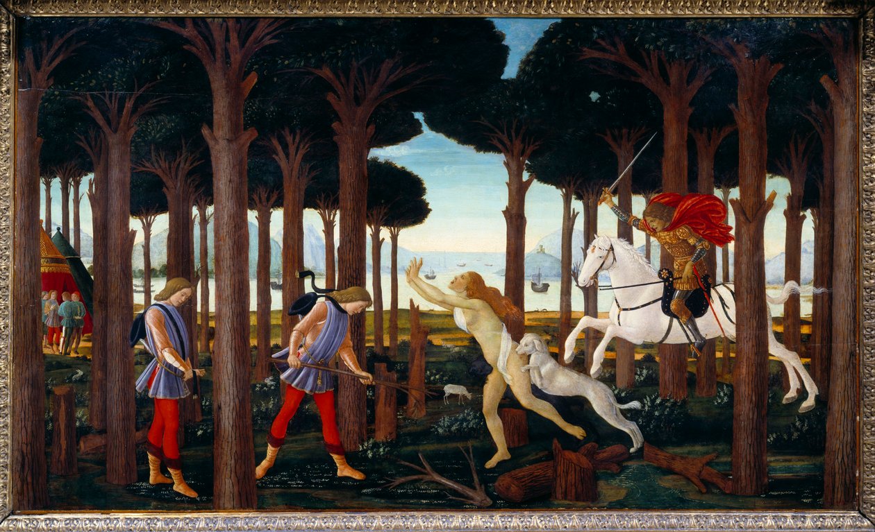 Historia de Nastagio degli Onesti: Encuentro con la condenada del bosque de pinos, primer panel de una serie de cuatro de Sandro Botticelli