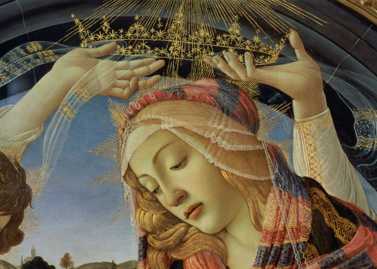 La Madonna del Magnificat, (detalle) del rostro y la corona de la Virgen de Sandro Botticelli