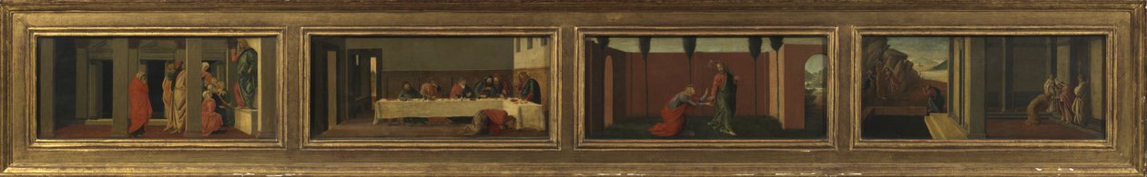 Escenas de la vida de María Magdalena (cuatro paneles de predela - a. Cristo enseñando; b. banquete en la casa de Simón; c. Noli me Tangere; d. últimos momentos de la Magdalena) de Sandro (after) Botticelli