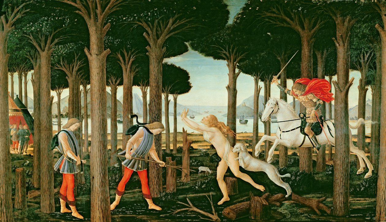 La Visión de Nastagio de la Persecución Fantasmal en el Bosque: Escena I de La Historia de Nastagio degli Onesti de Sandro (and workshop) Botticelli