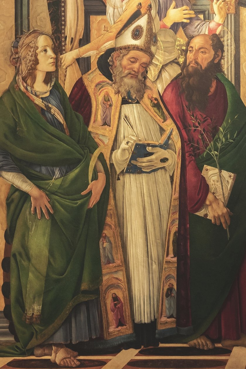 Retablo, panel principal: Virgen entronizada, cuatro ángeles y santos de Sandro Botticelli