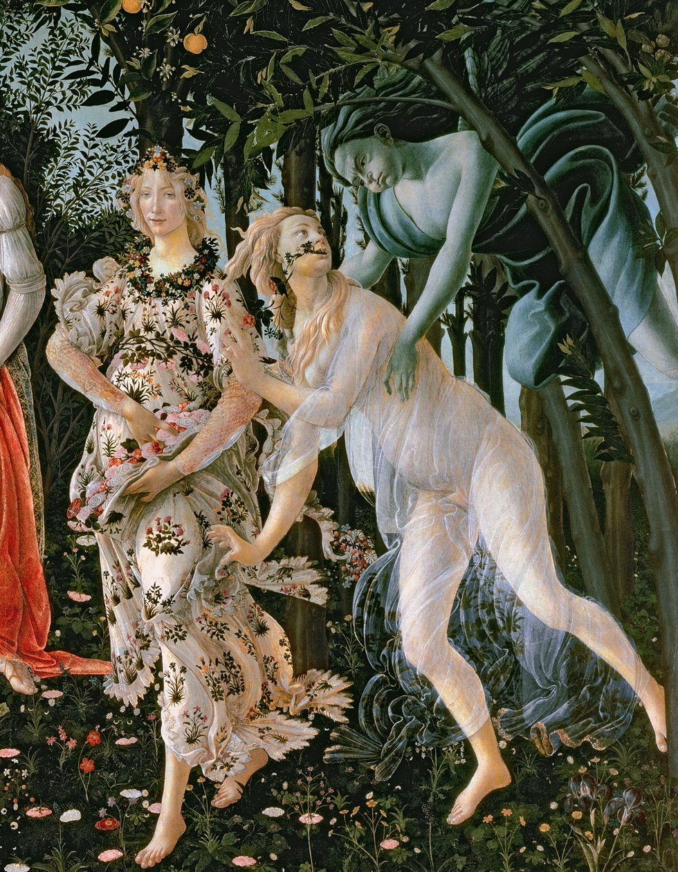 Detalle de Céfiro y Flora como la Hora de la Primavera de la Primavera de Sandro Botticelli
