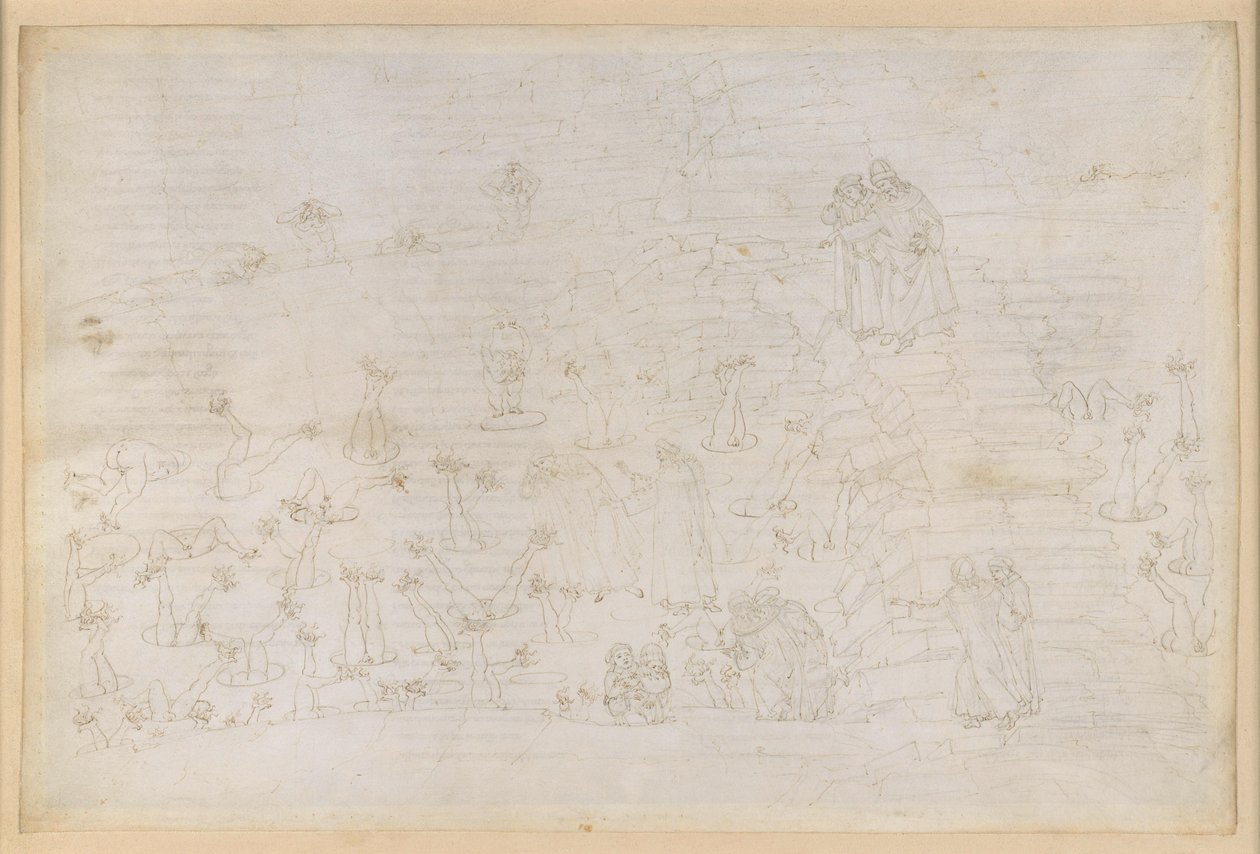La Divina Comedia, Infierno XIX. Virgilio y Dante en el octavo círculo del infierno (Malebolge), 3.ª bolgia: los corruptos en los cargos eclesiásticos, castigo a los simonistas de Sandro Botticelli