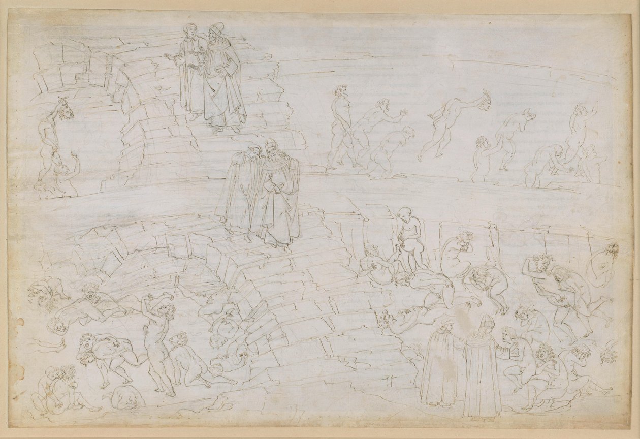 La Divina Comedia, Infierno XXIX. Virgilio y Dante en el octavo círculo del infierno (Malebolge), 10.ª bolgia: castigo a los falsificadores y alquimistas de Sandro Botticelli