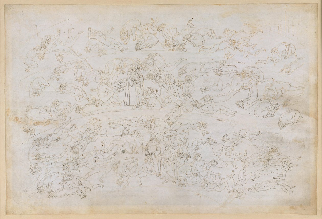 La Divina Comedia, Infierno XXXIII. Noveno círculo del infierno (Cócito), tercera franja: confesión del conde Ugolino; castigo de los traidores a sus huéspedes en el hielo de la Ptolemaea de Sandro Botticelli