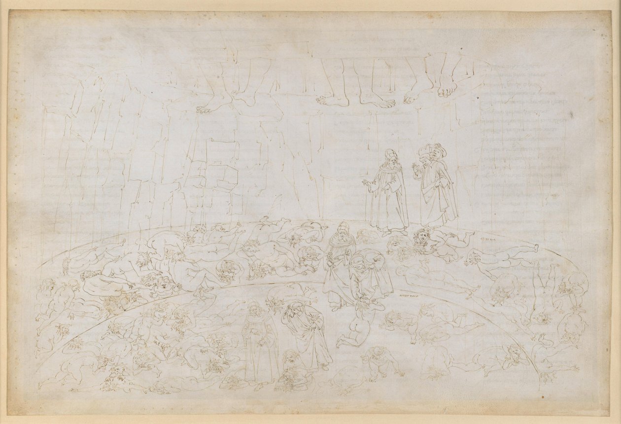 La Divina Comedia, Infierno XXXII. Noveno círculo (Cocito), primera y segunda franja: castigo a los traidores a la familia y a la patria en el hielo de Caina y Antenora de Sandro Botticelli