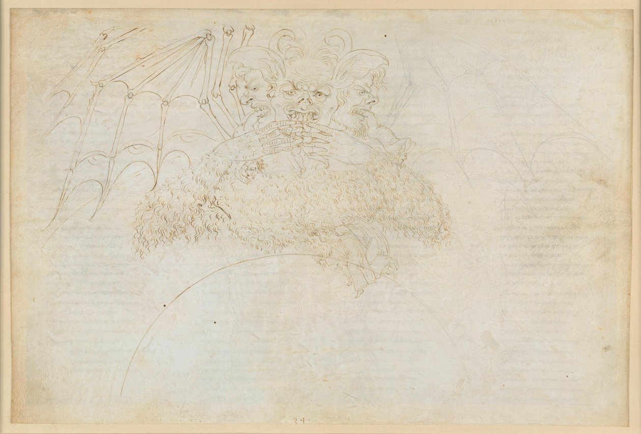 La Divina Comedia, Infierno XXXIV (1): El centro del infierno: Lucifer, aplastando a Judas, Bruto y Casio en el hielo de la Giudecca de Sandro Botticelli