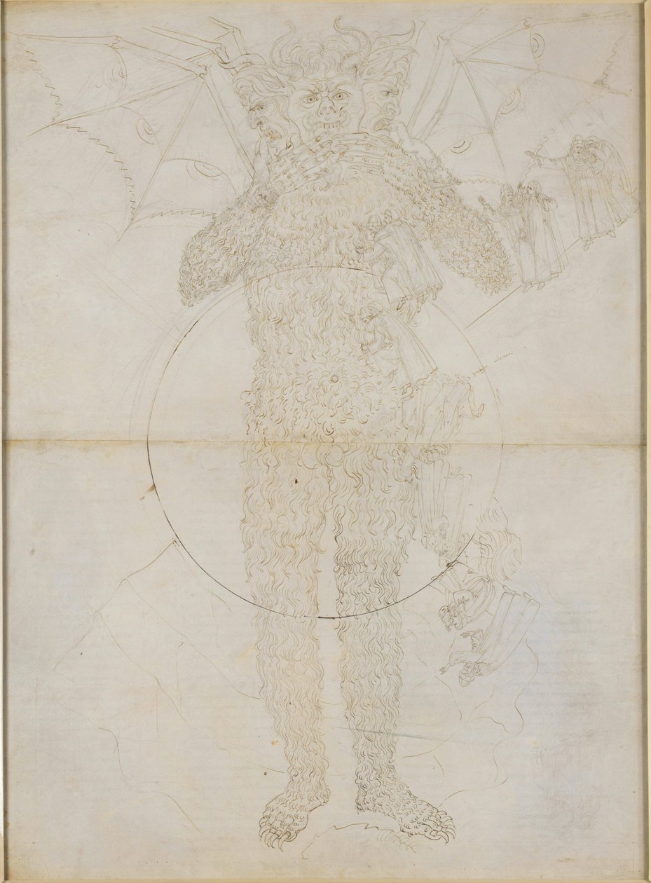 La Divina Comedia, Infierno XXXIV (2). El centro del infierno: Lucifer en toda su grandeza (el Gran Satán); despedida del Infierno de Sandro Botticelli
