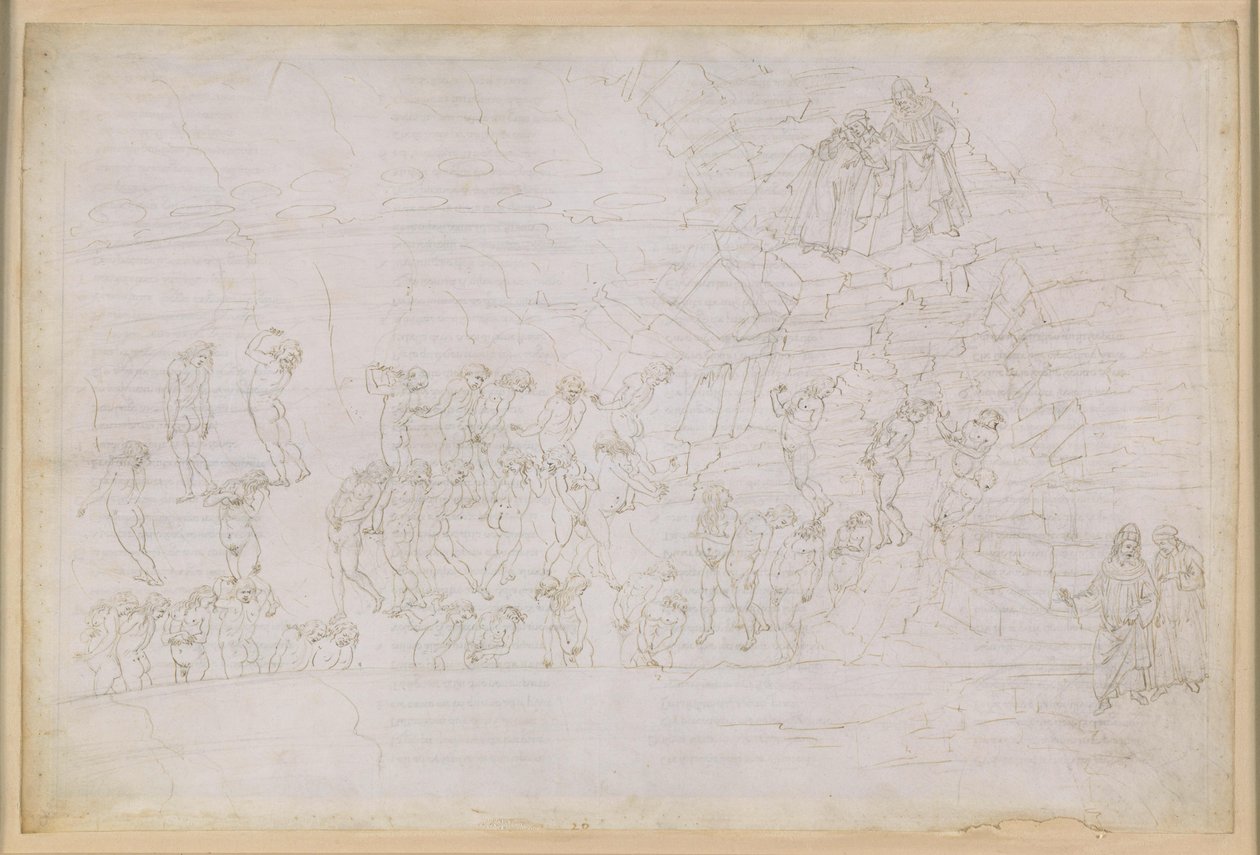 La Divina Comedia, Infierno XX. Virgilio y Dante en el octavo círculo del infierno (Malebolge), 4.ª bolgia: castigo a los hechiceros y adivinos; encuentro con Manto de Sandro Botticelli