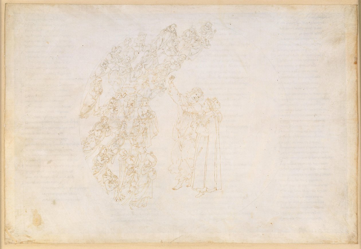 La Divina Comedia, Paraíso III. Primera esfera planetaria (cielo lunar): aparición de las almas a las que en su día se les impidió cumplir un voto; conversación de Dante con Piccarda Donati de Sandro Botticelli