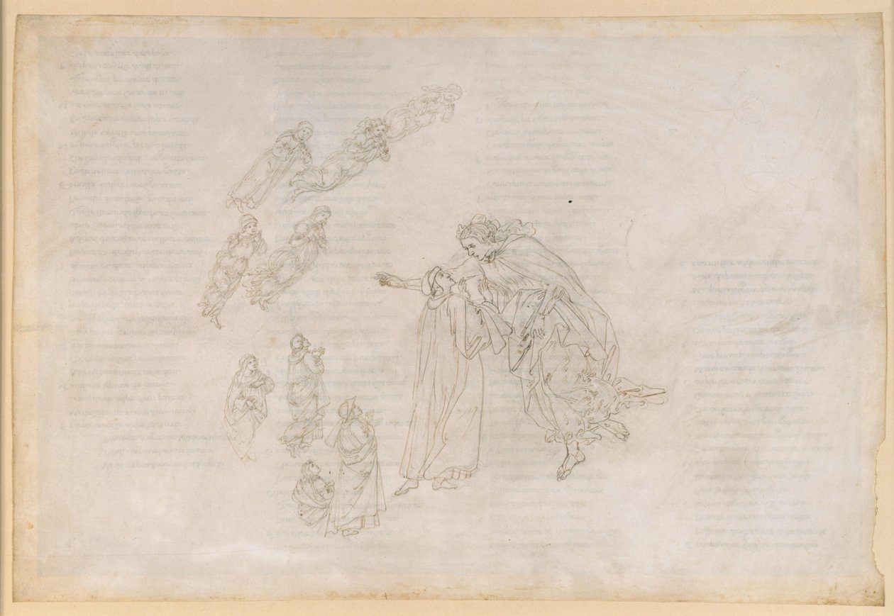 La Divina Comedia, Paraíso IV. Primera esfera planetaria (cielo lunar): Beatriz explica a Dante cuál es la verdadera morada de los bienaventurados de Sandro Botticelli