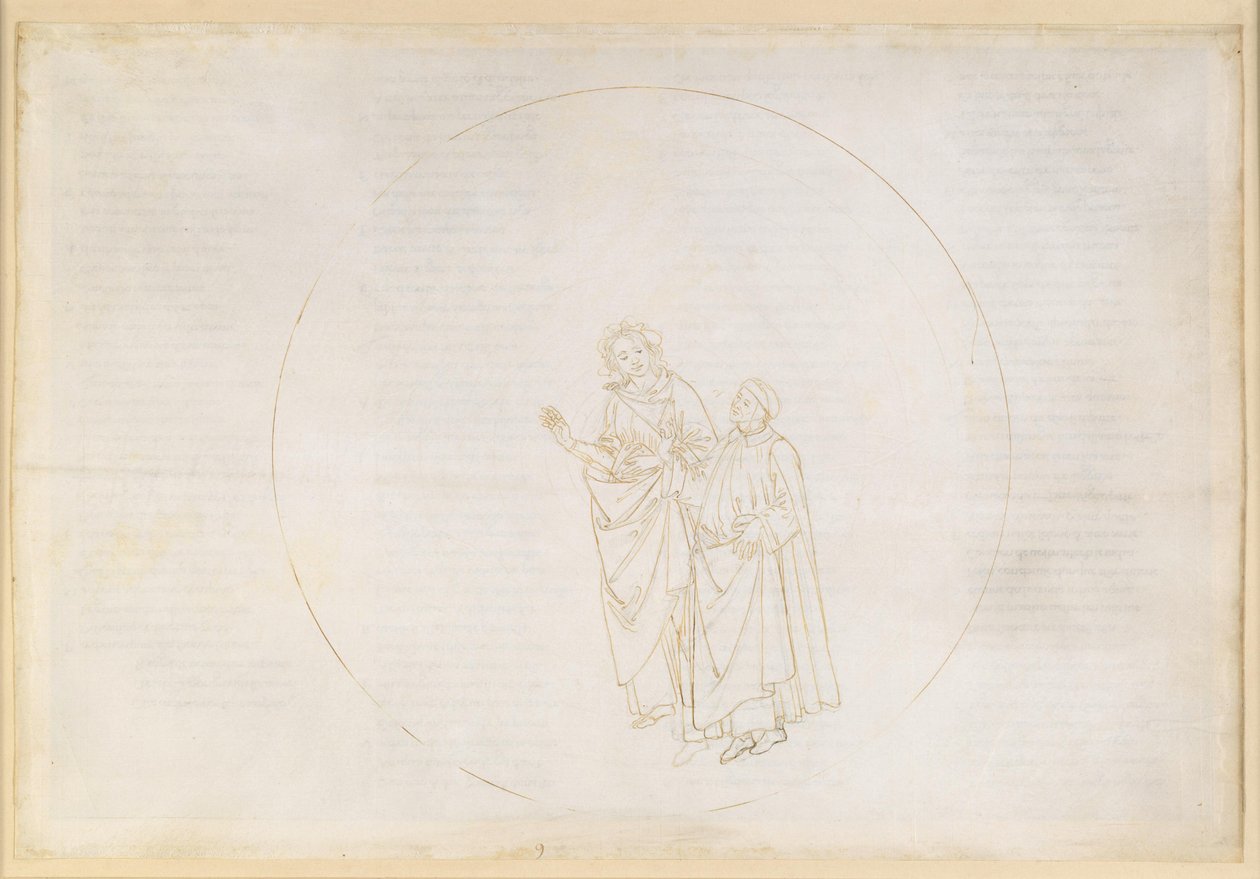 La Divina Comedia, Paraíso IX. Tercera esfera planetaria (cielo de Venus): Cunizza de Romano y Folquet de Marsella explican a Dante la naturaleza de su estrella de Sandro Botticelli