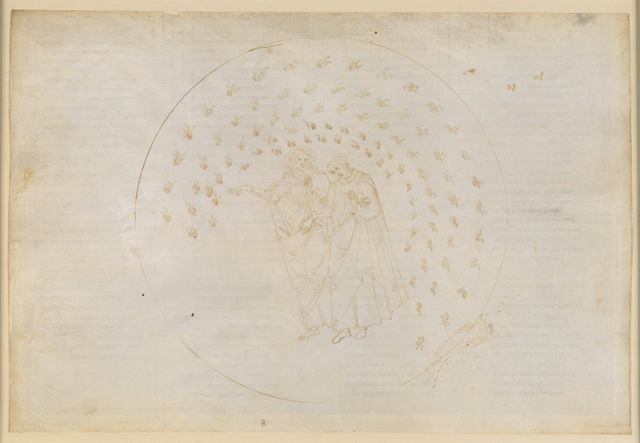 La Divina Comedia, Paraíso VIII. Tercera esfera planetaria (cielo de Venus): el reino de los enamorados; el alma de Carlomán se lamenta de su familia y explica a Dante las razones de las diferencias entre las personas de Sandro Botticelli