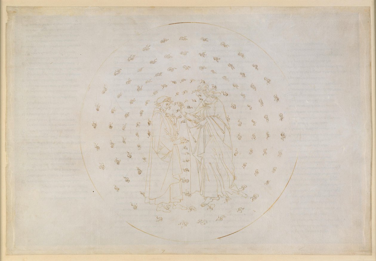 La Divina Comedia, Paraíso VII. Segunda esfera planetaria (Cielo de Mercurio): Beatriz introduce a Dante en cuestiones complejas sobre la justicia divina, así como sobre la culpa original del ser humano y la redención mediante la muerte de Cristo. de Sandro Botticelli